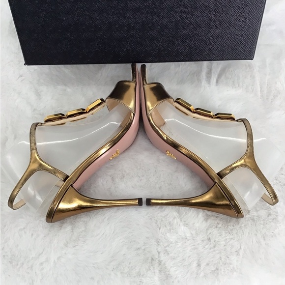 Prada Capretto Jeweled Open Toe Heel Lame Bronze Luxury Designer Size 37EU - Picture 5 of 11